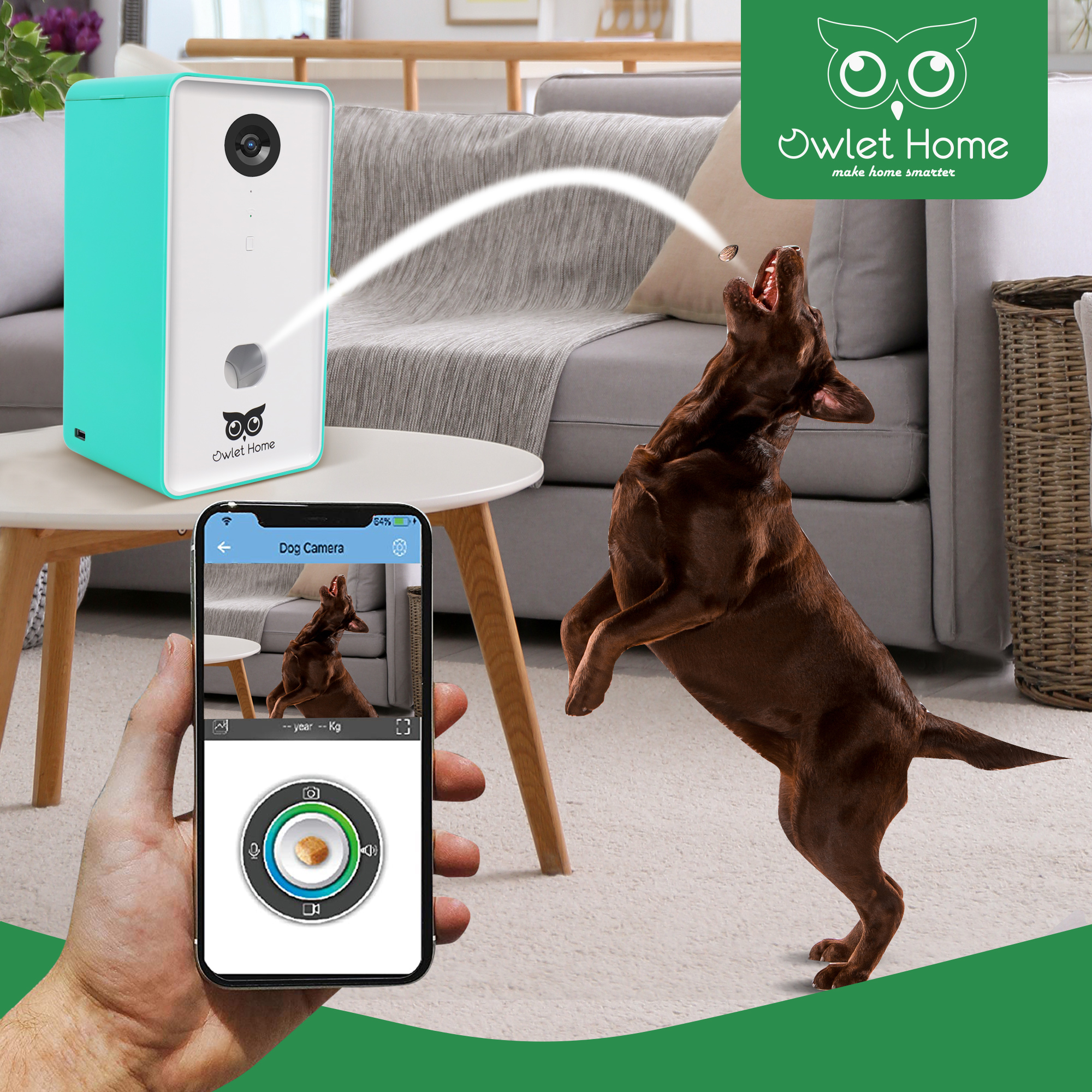 Owlet Home Smart Dog Camera with treat tossing (BLUE), WiFi connecting(2.4G  & 5G), 1080p HD Camera, Live Video Streaming, Auto Night Vision, 2-Way  Audio, Work With Alexa - Owlet Home - Smart